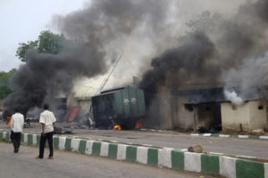 Smoke rises from Maiduguri prison after it was set on fire by members of a local Islamic group in Yobe state